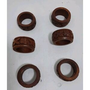 Vintage Carved Floral  Wood Napkin‎ Rings Flower Pattern Made in India Set of 6